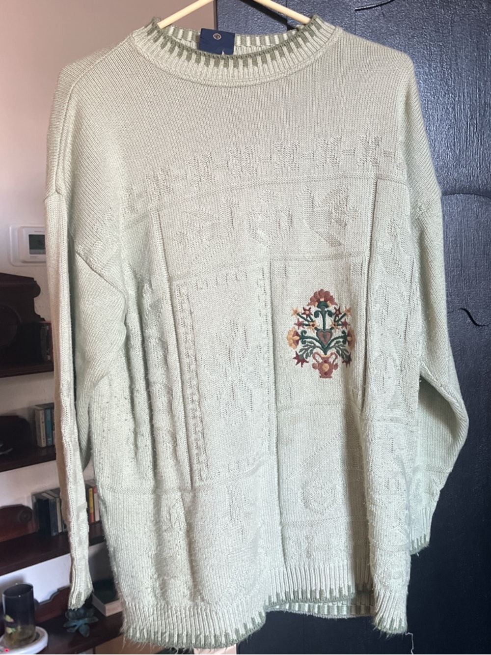 Vintage Sage Green Crewneck Sweater with Floral Embroidery